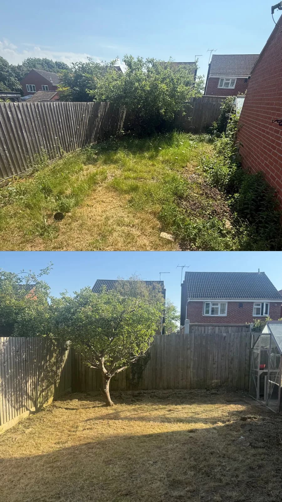 Before and after of a garden cleared back to a usable lawn by Akromis